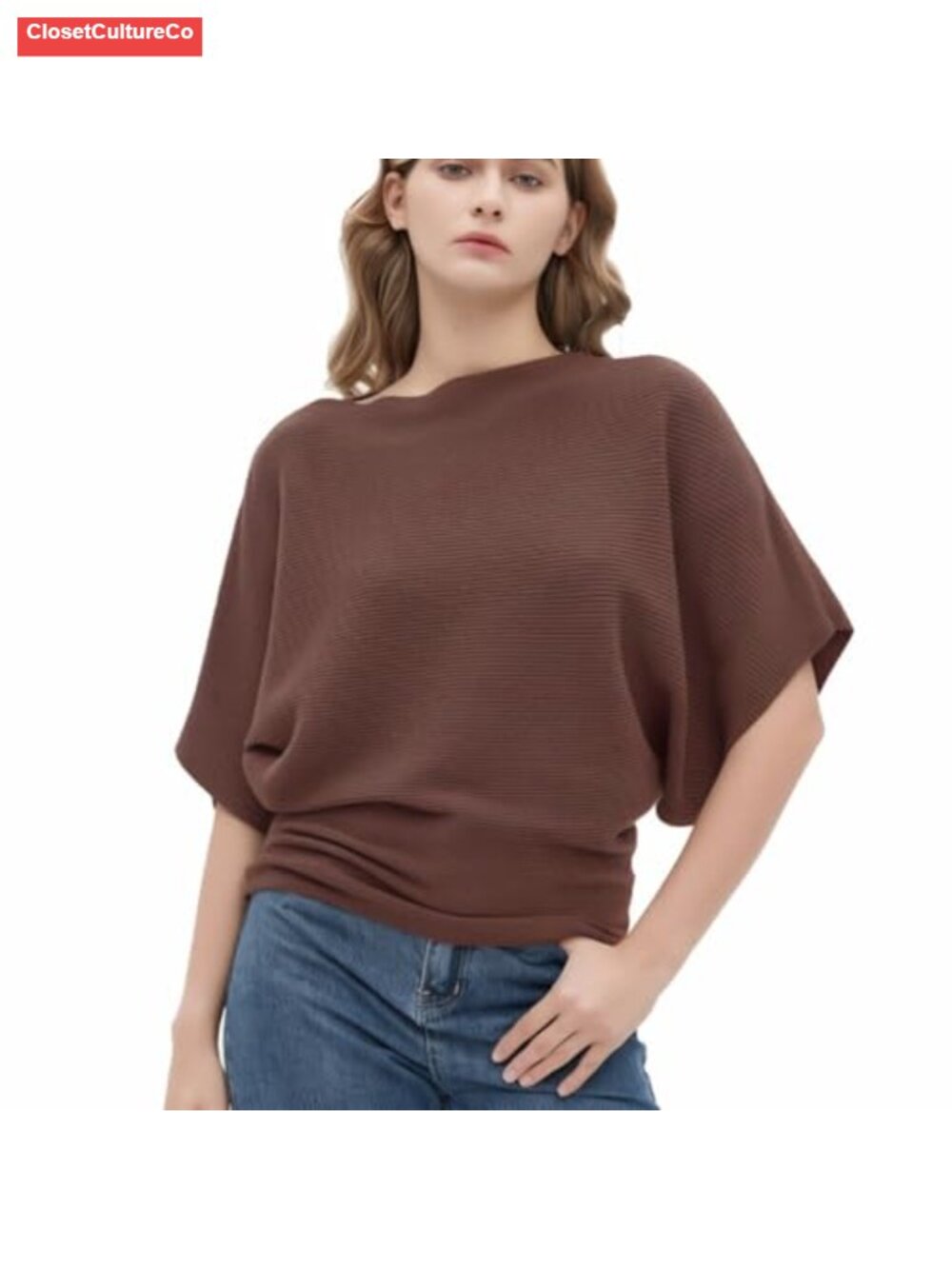 Women's Boat Neck Dolman Short Sleeve Knit Sweater Pullover One Size